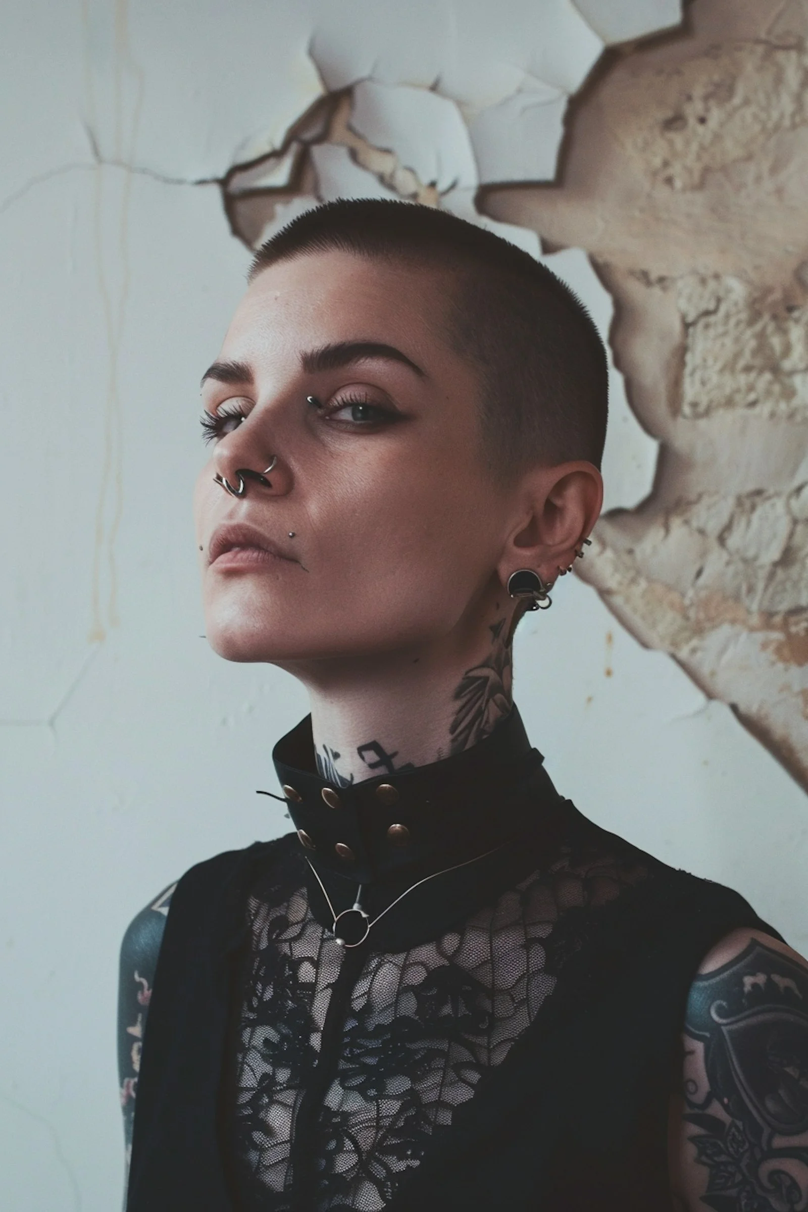 Edgy portrait of a person with tattoos, piercings, and a shaved head against a textured wall. Bold style and confident expression.
