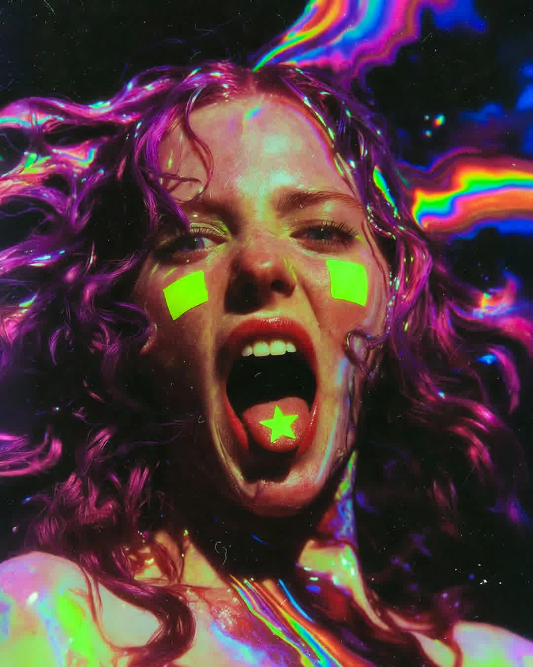 Extreme close-up psychedelic portrait of a woman screaming with mouth stretched wide open, raw and intense,
hair fully liquified, swirling in chaotic molten purple-magenta spirals that drip and melt across her distorted face,
iridescent oil-slick sheen with shifting rainbow refractions and pulsing neon green accents glowing like rave lights,
small bright star symbol glowing on her outstretched tongue, surrounded by subtle glitch artifacts and sticker overlays,
heavy film grain, lo-fi texture, chromatic aberration, violent color bleeding into deep moody shadows — cyan, fuchsia, lime - surreal body horror meets 12K acid-trip rave aesthetic, trippy hallucinogenic album cover style