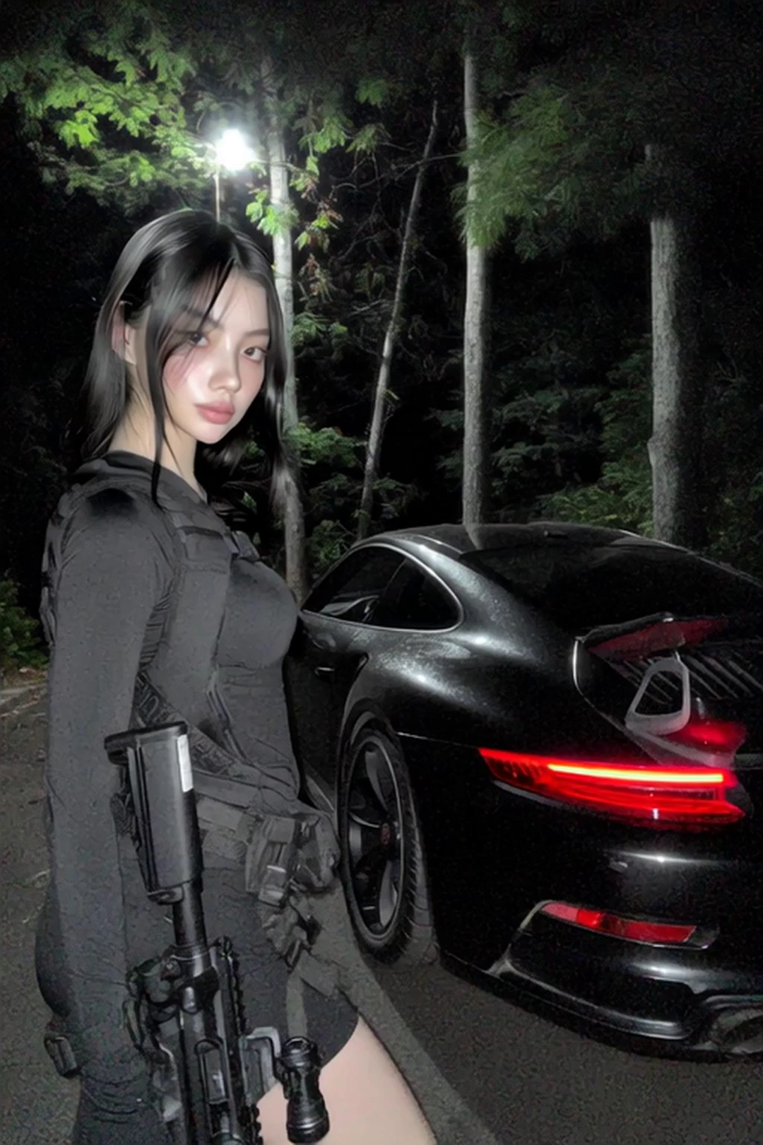 A very realistic Instagram-style photo of a young Asian woman with shoulder-length dark straight hair, a slim and athletic model figure. She is wearing a tight black tactical-style outfit with short shorts and long sleeves. She stands at night by the side of a black Porsche 911, which stands horizontally, with its back to the camera and its head slightly tilted down and to one side, and looks beyond the frame. She is no longer holding a rifle. The scene is illuminated by a strong paparazzi-style flash from the front, while an intense round red light outside the frame shines onto her from the side, creating a sharp, high-contrast red rim light along her silhouette. The atmosphere is cinematic, moody, and raw, with dark forest backdrop, glossy highlights, strong contrast, subtle HDR, realistic skin texture, depth of field, 85mm lens, iPhone 16 Pro photo aesthetic. uplight