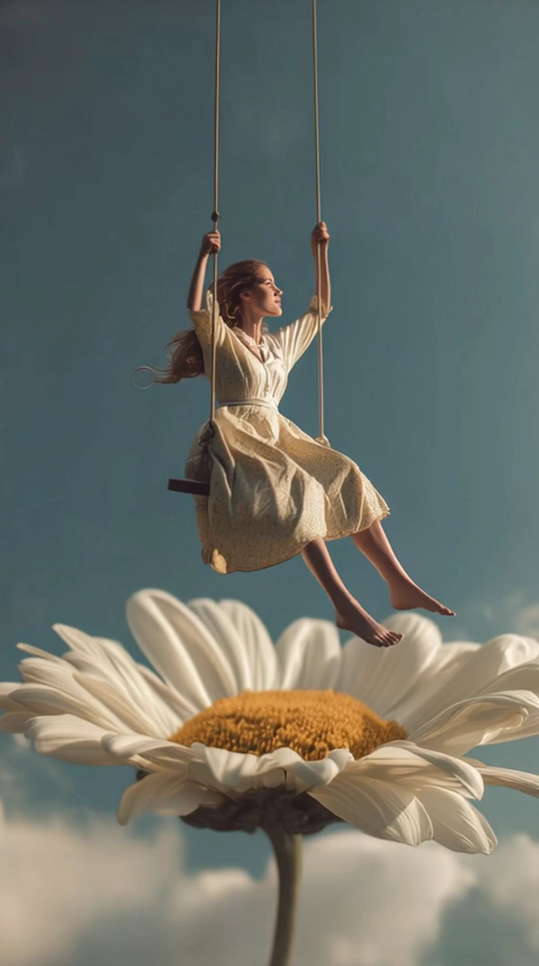 A women swinging on a sing that hangs from a dasiy flower