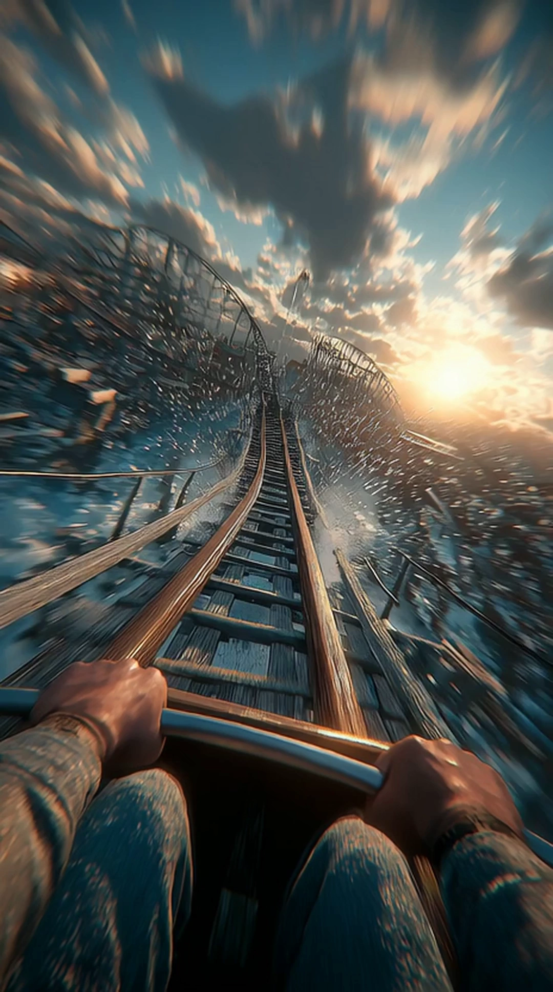 First-person POV from the front seat of a roller coaster, at the very top of a steep drop. Visible human hands tightly gripping the safety bar in front. The cart suddenly plunges downward at high speed, racing through clouds, trees, tunnels, and extreme loops. The camera shakes violently with motion blur. Wind roars past. The scene is adrenaline-pumping, cinematic, immersive, and hyper-realistic. Dramatic lighting, intense sky, thrill ride sensation.The coaster plunges down with a deafening whoooosh! as metal rattles beneath in horror place


