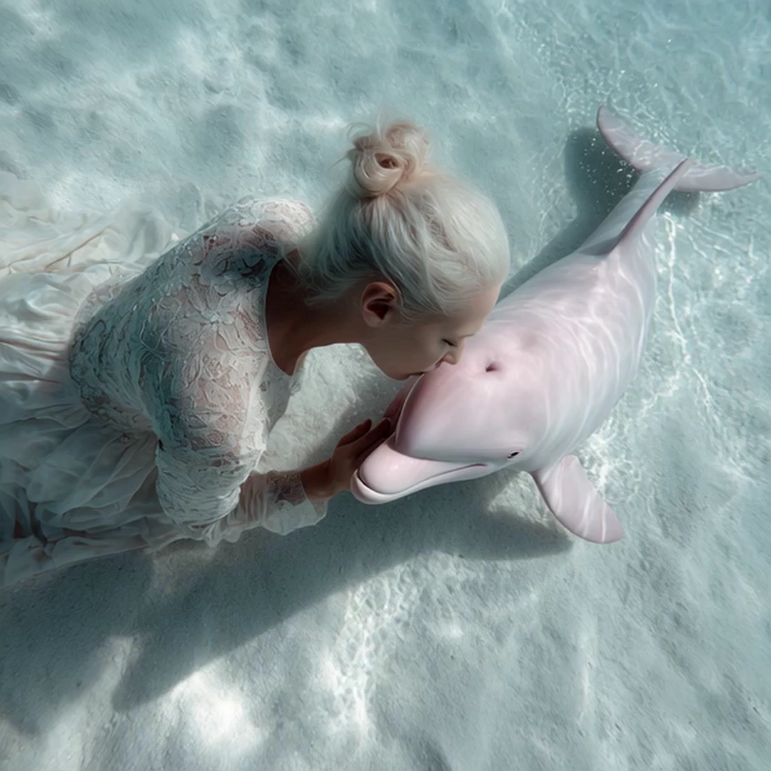 A full-length of a beautiful albino woman with her hair up swims underwater with a pink dolphin. They swim in the same direction, close to each other. The shot is from above. Small air bubbles form near the model's mouth. The movement of the water is natural around the two figures. The seabed is very white sand and the natural light of the sun passes through the clear water. The image is poetic and detailed.