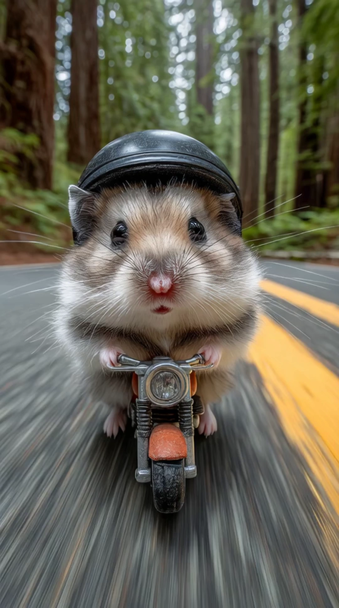 a cute hamster riding a tiny motorcycle on a forest road, wearing a black helmet, cinematic perspective, realistic fur details, dynamic motion, depth of field, 8k ultra realistic, photorealistic, adorable and funny