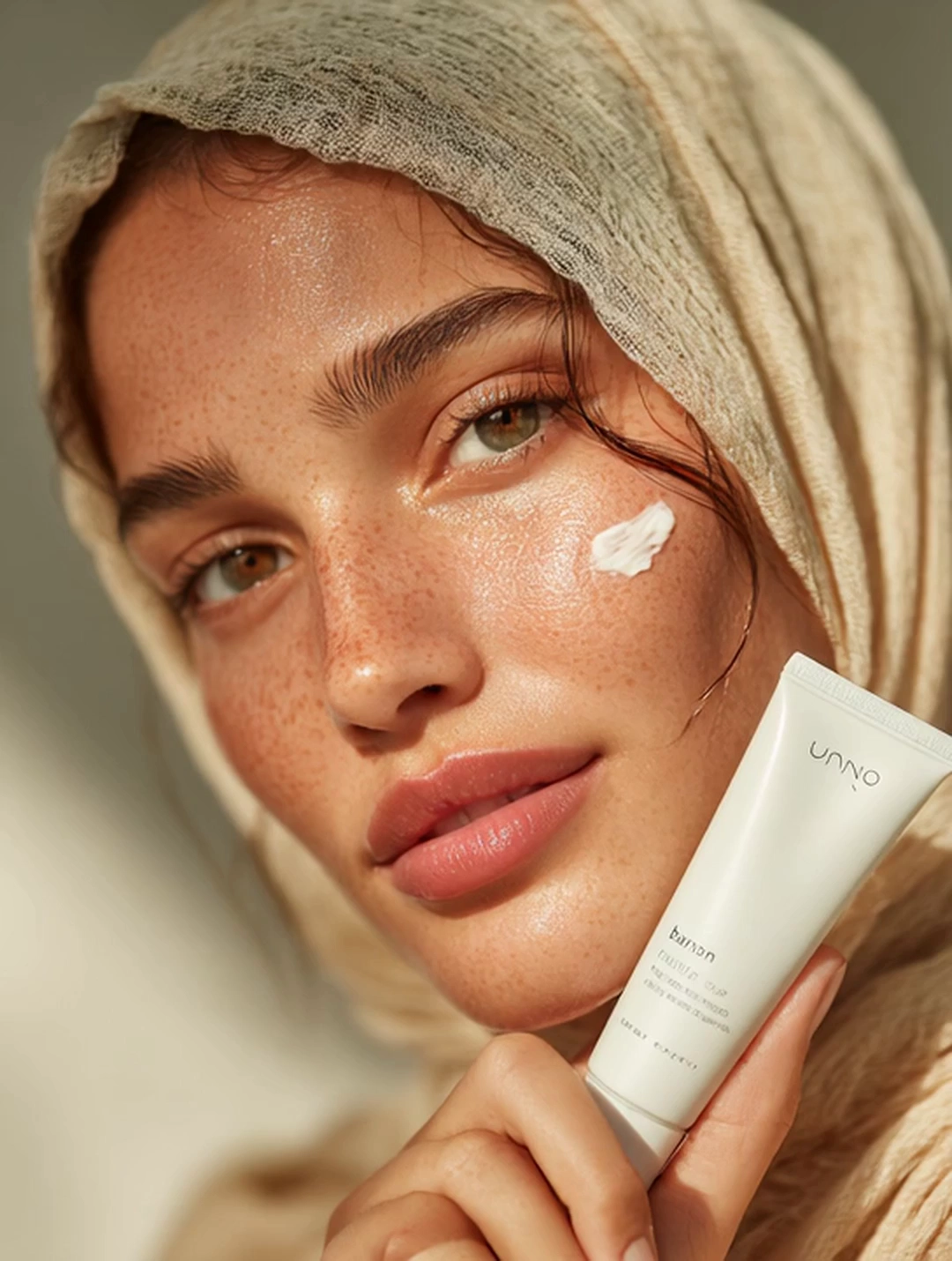 A close-up, sun-kissed portrait of a Woman wearing hijab not showing her haie with radiant, dewy skin, gently applying a luxurious cream to her cheek. Her expression is serene and confident. Her hand delicately holds a sleek, white tube of 'Nano Banana' brand skincare, subtle text and branding visible. Her hair is slightly damp and artfully styled to frame her face, catching the warm, natural light. The background is softly blurred, hinting at a modern, minimalist studio. The overall mood is fresh, elegant, and effortlessly beautiful, highlighting the skin's natural glow.