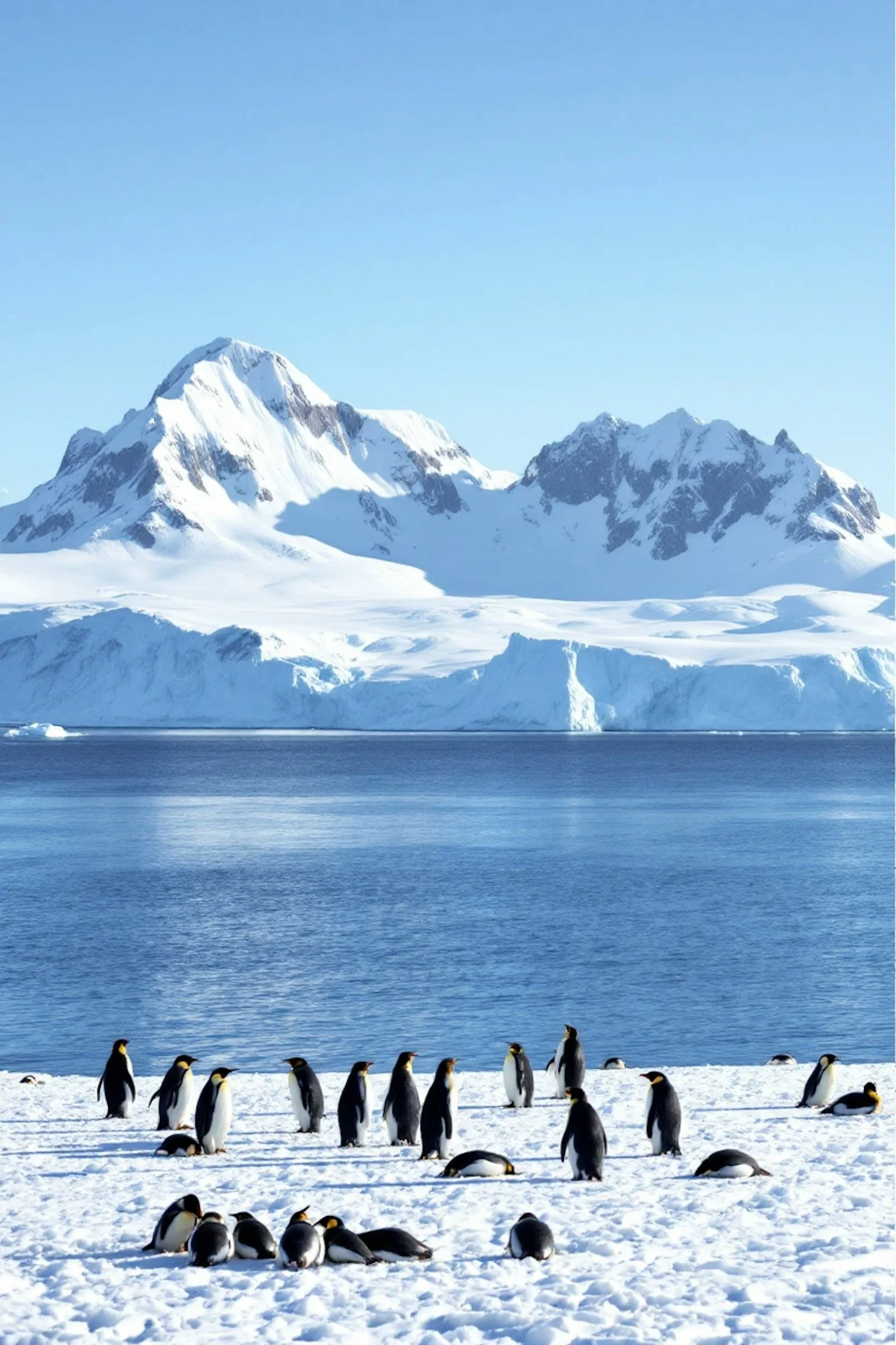 Penguins on snowy terrain with majestic mountains and blue sea in the background, under a clear blue sky.
