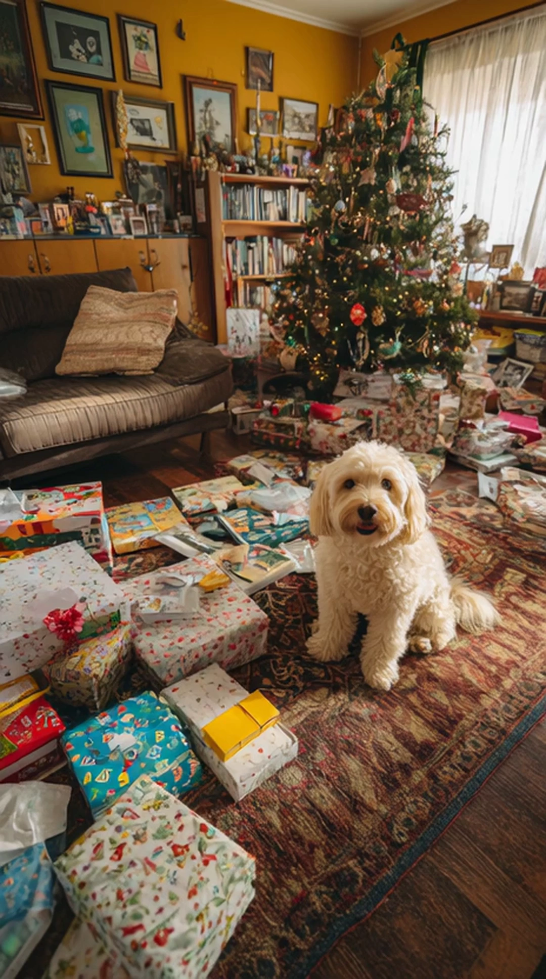 Wide living-room scene with decorated tree, scattered gifts, cozy rug and couch, dog centered and eager, space for overlaid text "They deserve to be main characters too."; shot on Nikon Z7 II with 24mm f/1.8; 24mm, f/2.2, 1/125s, ISO 1600, white balance 3600K;