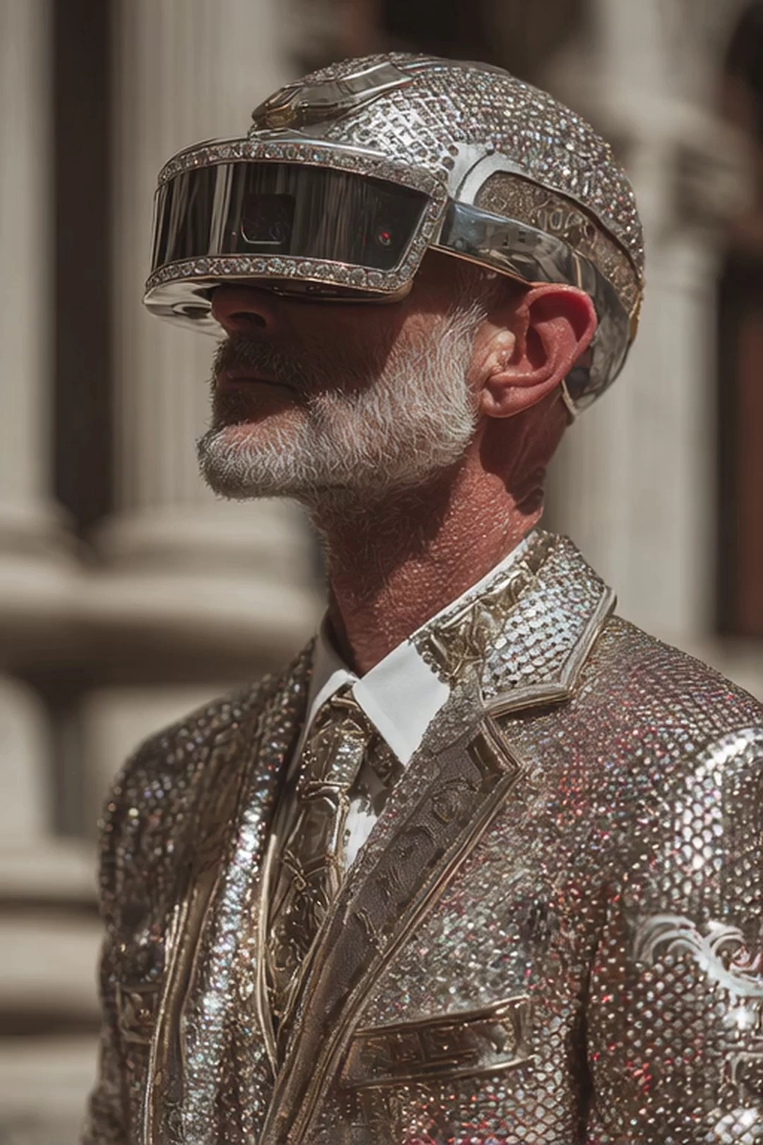 Power broker wearing diamond plated patched jacket and suit. Augmented reality visor.