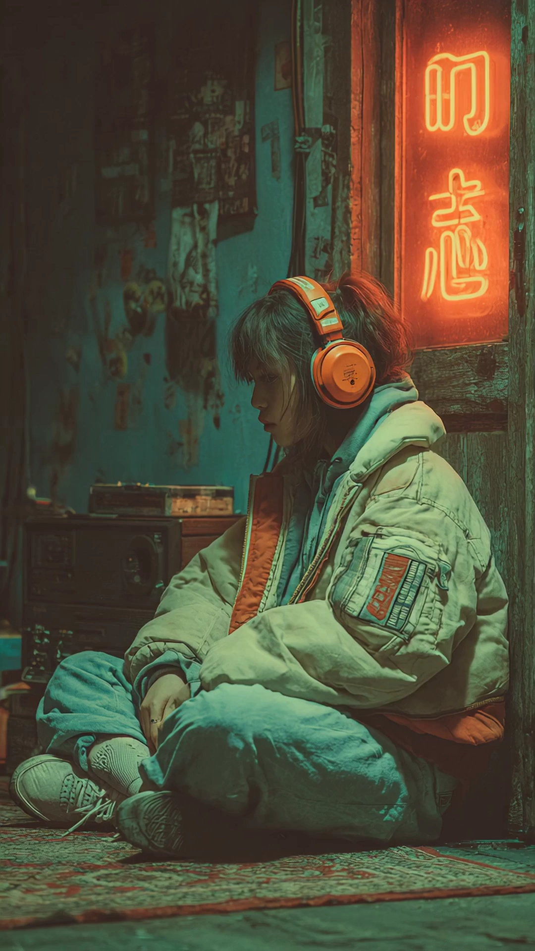 cyberpunk guy headphones listening to music in room, neon lights, atmospheric, futuristic