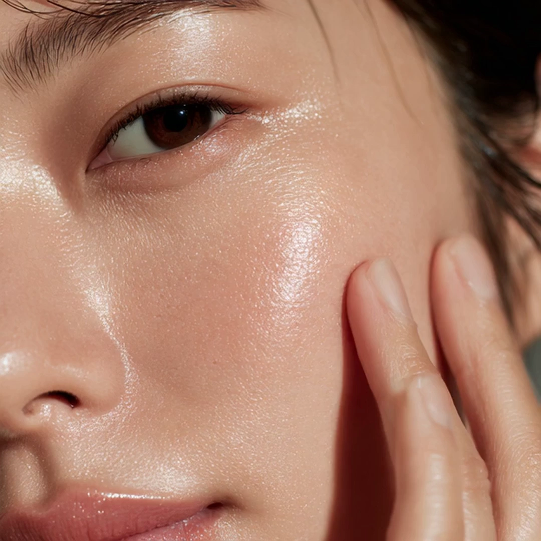 Extreme close-up of a Korean woman’s cheek with flawless bright skin and black eyes, finger gently pressing into moist and elastic skin, showing bouncy and supple texture, subtle dewy glow highlighting hydration, luxury beauty advertisement style, ultra-high-resolution realism