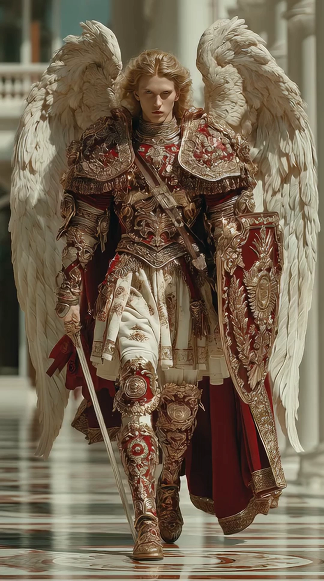 Ultra realistic cinematic portrait of Archangel Michael, walking down a vast white marble temple corridor, massive white feathered wings spread wide, golden armor with red accents, crimson cape flowing, sword raised in right hand ready for battle, shield in left hand, looking directly into the camera with piercing blue eyes, proud and majestic expression, hyper realistic human face, detailed natural skin texture, cinematic god rays, DSLR photography, 8k