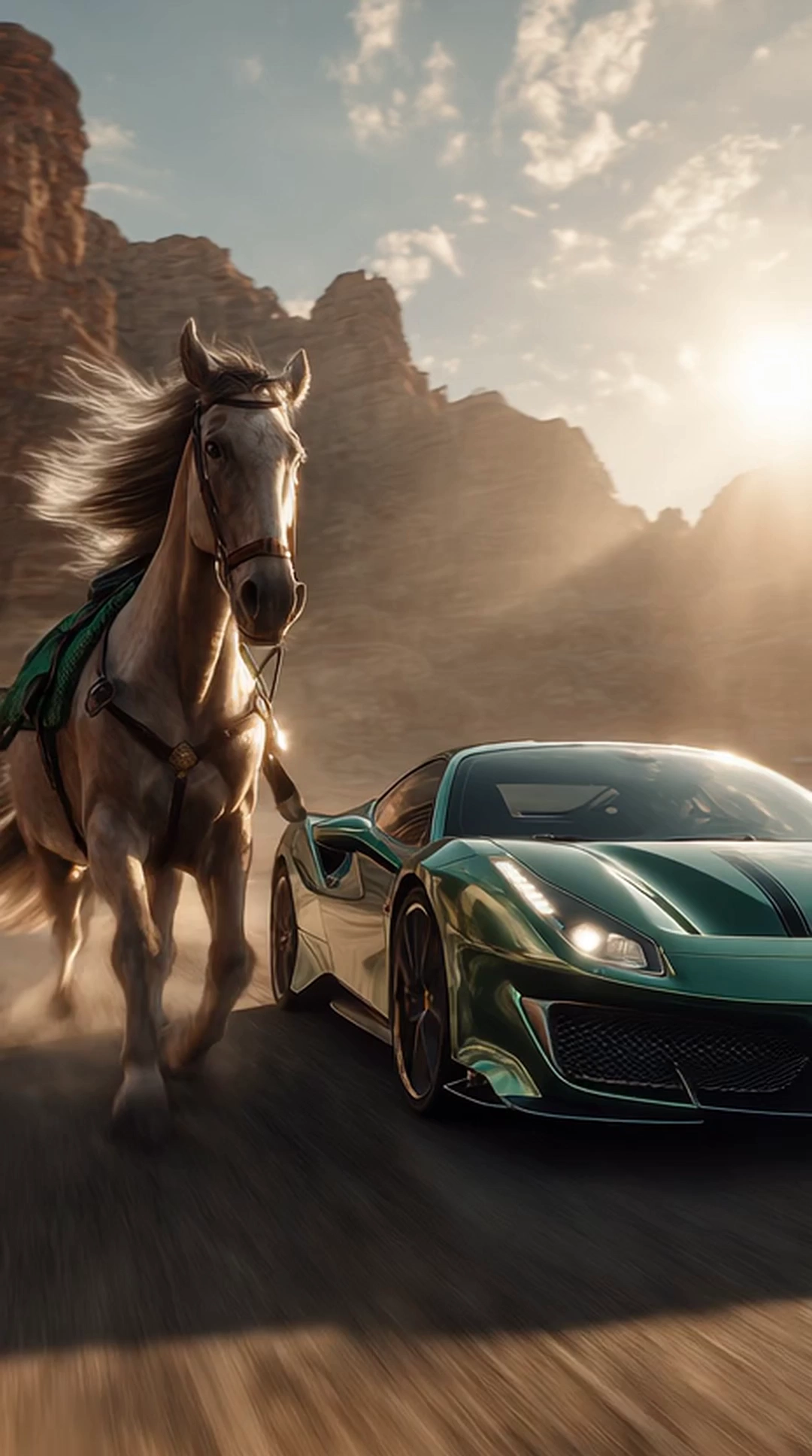 Ultra-realistic cinematic editorial photo of a glossy green Ferrari racing side by side with a majestic Arabian horse. The Ferrari is sleek and modern, painted metallic green, tinted glasses, its motion blurred wheels showing speed. Next to it, the Arabian horse gallops powerfully with a flowing mane, wearing a green saddle (nobody is riding it) The composition shows them racing parallel, but the Ferrari is slightly ahead, emphasizing its victory. Shot in portrait orientation with cinematic desert background, golden sunlight highlighting the dramatic contrast between modern luxury and heritage. High-fashion editorial photography aesthetic, glossy reflections, powerful motion blur, sharp detail on both Ferrari and horse, ultra-realistic 8K ar 9:16 v 7