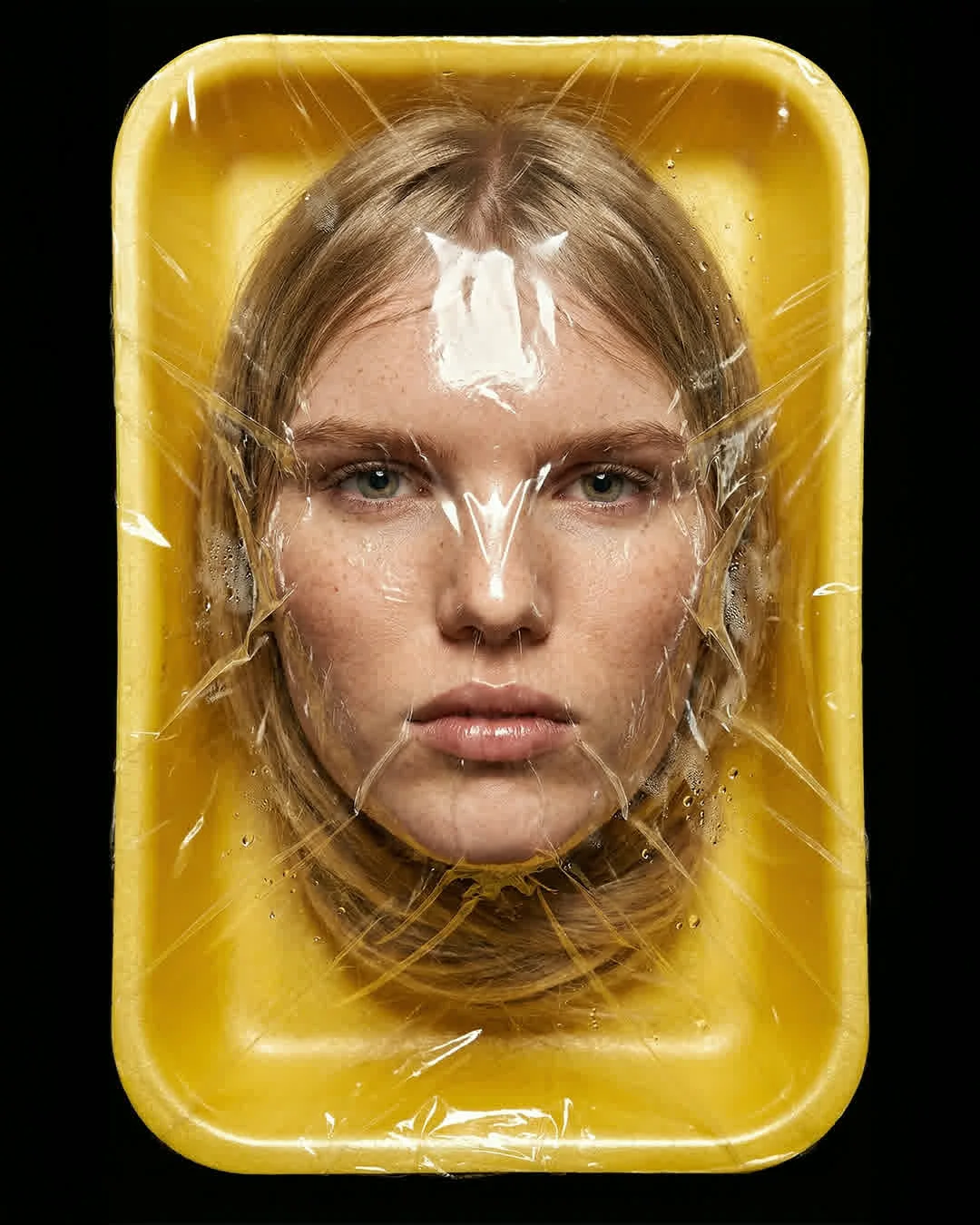 Photorealistic portrait of a beautiful young woman, face pressed tightly against thick transparent plastic wrap sealing a bright yellow glossy food tray with rounded edges, plastic with realistic wrinkles, creases, reflections, condensation droplets, and optical distortions creating a vacuum-sealed fresh-produce illusion, centered on solid black background, high-contrast studio lighting with strong highlights on plastic and skin, ultra-sharp 8k focus, commercial product photography style with dark edgy conceptual fashion vibe, provocative cinematic tone