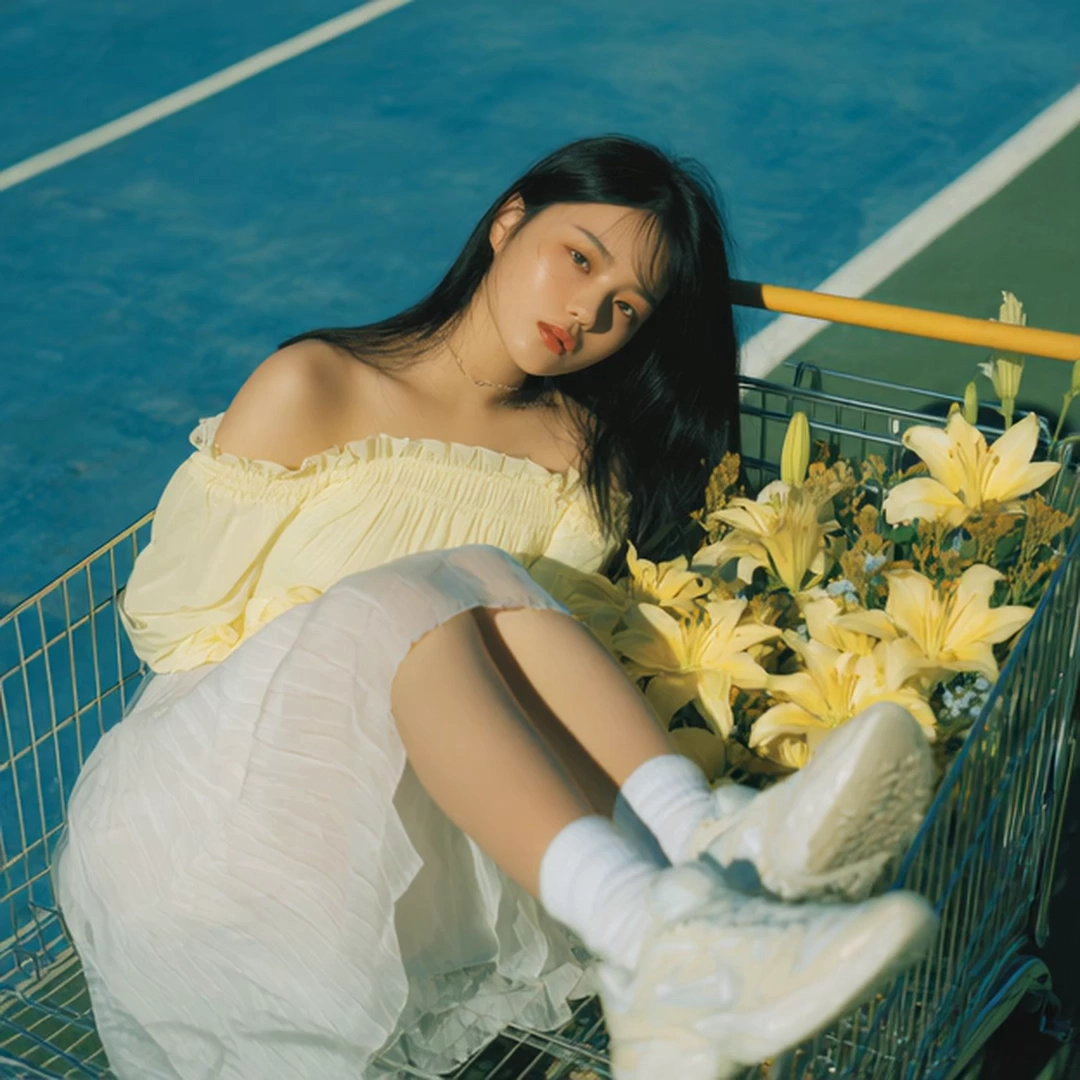 A young Korean woman in a modern pastel yellow off-shoulder blouse paired with a high-waisted pleated white skirt sits on top of a tennis court. She wears long sheer white socks and sleek chunky sneakers, lying back playfully inside an empty shopping cart filled with bright yellow lilies. Her straight black hair flows naturally with soft layers, framing her gentle yet confident expression as if posing for a fashion magazine cover. Wide-angle shot, the background features a bright blue clay tennis court under sunny daylight. Editorial fashion photography with cinematic lighting, professional photoshoot quality, high resolution, refined yet playful atmosphere.