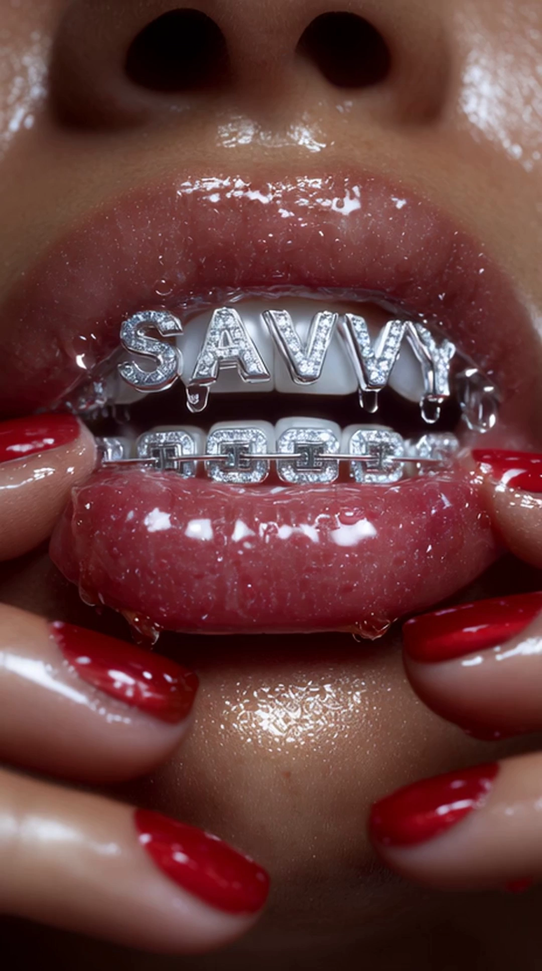 A hyper-detailed, photorealistic macro shot of a woman of African American descent with a darker skin tone. Her full, plump lips are coated in a vibrant, clear, quartz-hued lip gloss that is so glistening it appears to be dripping. Her mouth is slightly ajar to reveal a custom set of diamond grillz on her top row of teeth, spelling out the word "SAVVY" in dazzling diamonds. The image is rendered with high contrast and extreme brightness, making the grillz glint and sparkle intensely, reflecting a cool, clean light at 6000 Kelvin with a brilliant shimmer. Her hands, with meticulously detailed, deep red nails, are in a dynamic, model-like pose on her face, but her eyes are not visible. The focus is razor-sharp on her lips, teeth, and hands, with a dramatic shallow depth of field (f/0.7), and the background is completely blurred to create a stunning bokeh effect. This image is a masterpiece of close-up photography, rendered in 8K with cinematic lighting and meticulous detail. Unreal Engine 5, Octane render, ray tracing.