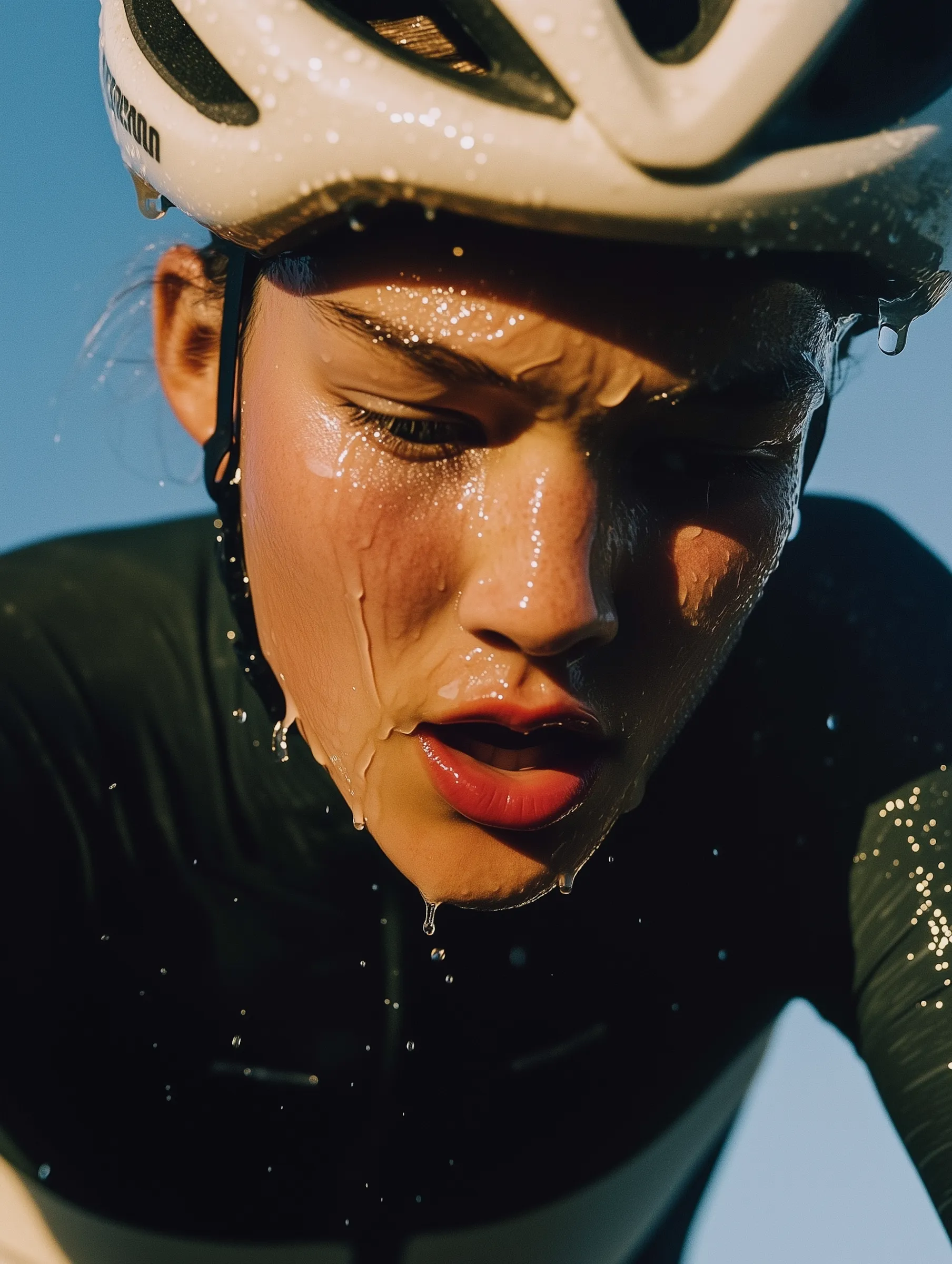 Close up of a cyclist's intense expression, sweat glistening under a white helmet, set against a clear blue sky pure determination!