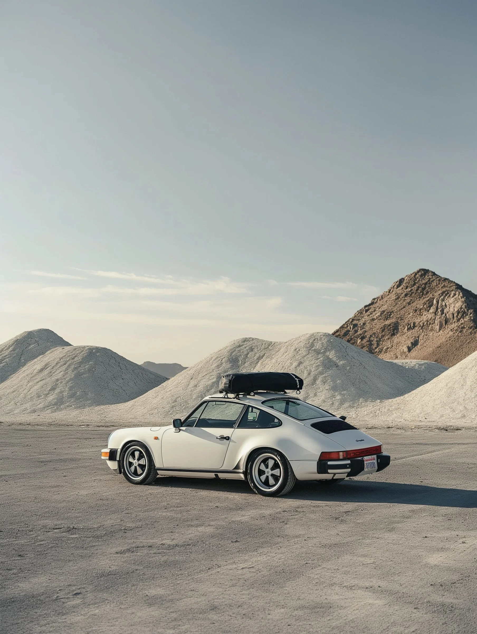 Classic white sports car with roof rack in a desert setting, surrounded by sand dunes under a clear sky.
