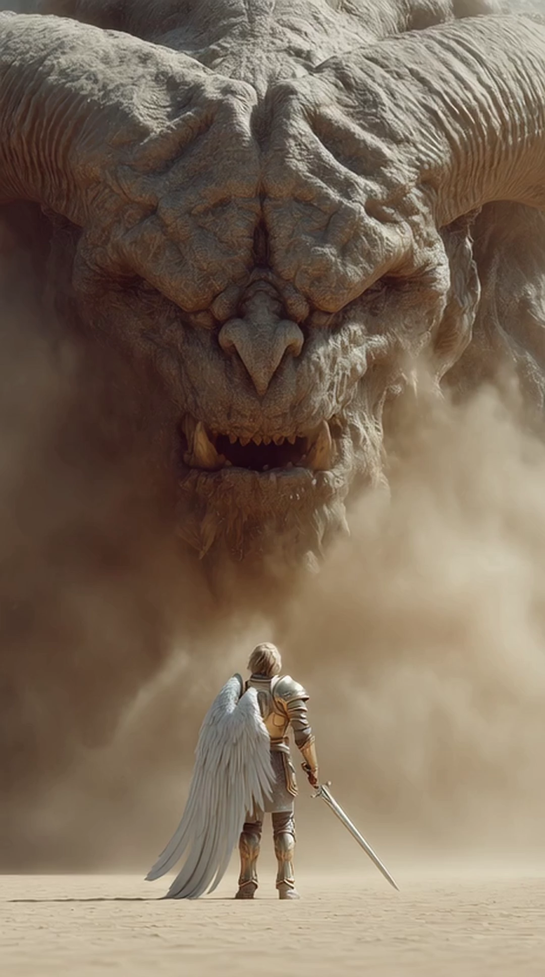 A colossal confrontation unfolds in the desert: the Archangel Michael stands firm, his golden sword blazing with divine fire, facing the monstrous Behemoth whose roar splits the air. The beast’s horns curve like mountains, saliva drips from its fangs as its chest heaves with a suffocating breath, the ground trembling beneath its claws. The angel’s wings quiver, releasing sparks of burning feathers as the sand whirls violently around them, drawn into the storm of their presence. The camera circles slowly, as if afraid to get too close, capturing the tension in every movement: Michael’s grip tightens on his sword, his jaw clenches, and the Behemoth lowers its head with a growl that shakes the heavens. Lightning rips the sky open, not illuminating but judging, casting harsh light over armor and hide. The clash feels inevitable, creation against chaos. Final frame: Michael advances a single step, the sand exploding under his foot, while the Behemoth opens its jaws wide--silence holds its breath before the first strike. hyper realistic photograph, ultra detailed, cinematic lighting, natural skin texture, photorealistic, realistic anatomy, shot on Blackmagic Pocket Cinema Camera 6K and Canon EOS-5D Mark IV.
