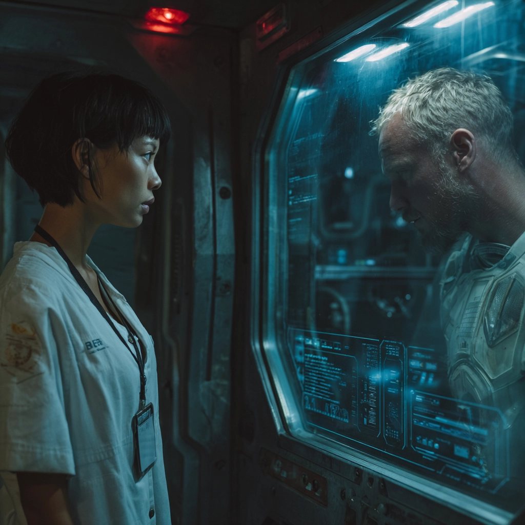 A female Chinese doctor of science has a blonde man locked in a high-tech booth. she is turnng diels and the man is scared.