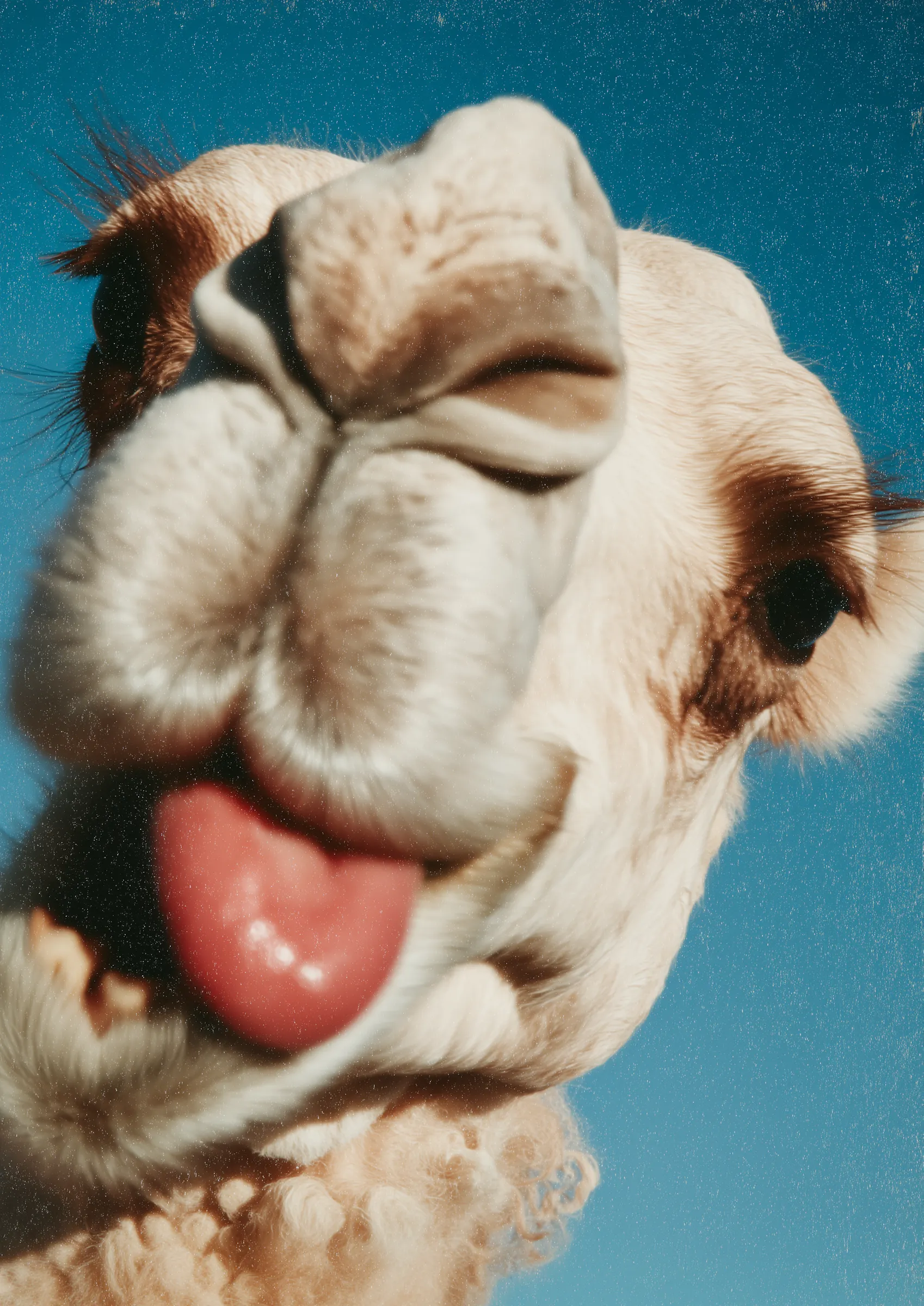 Close up of a camel's face with its tongue out against a bright blue sky, showcasing its expressive features and detailed texture