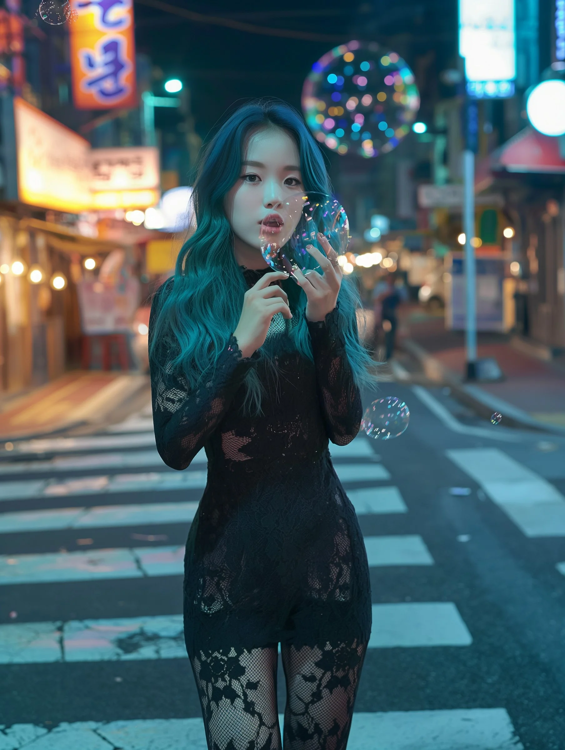 Asian woman with teal hair in black lace dress blowing bubbles on a neon-lit city street at night.
