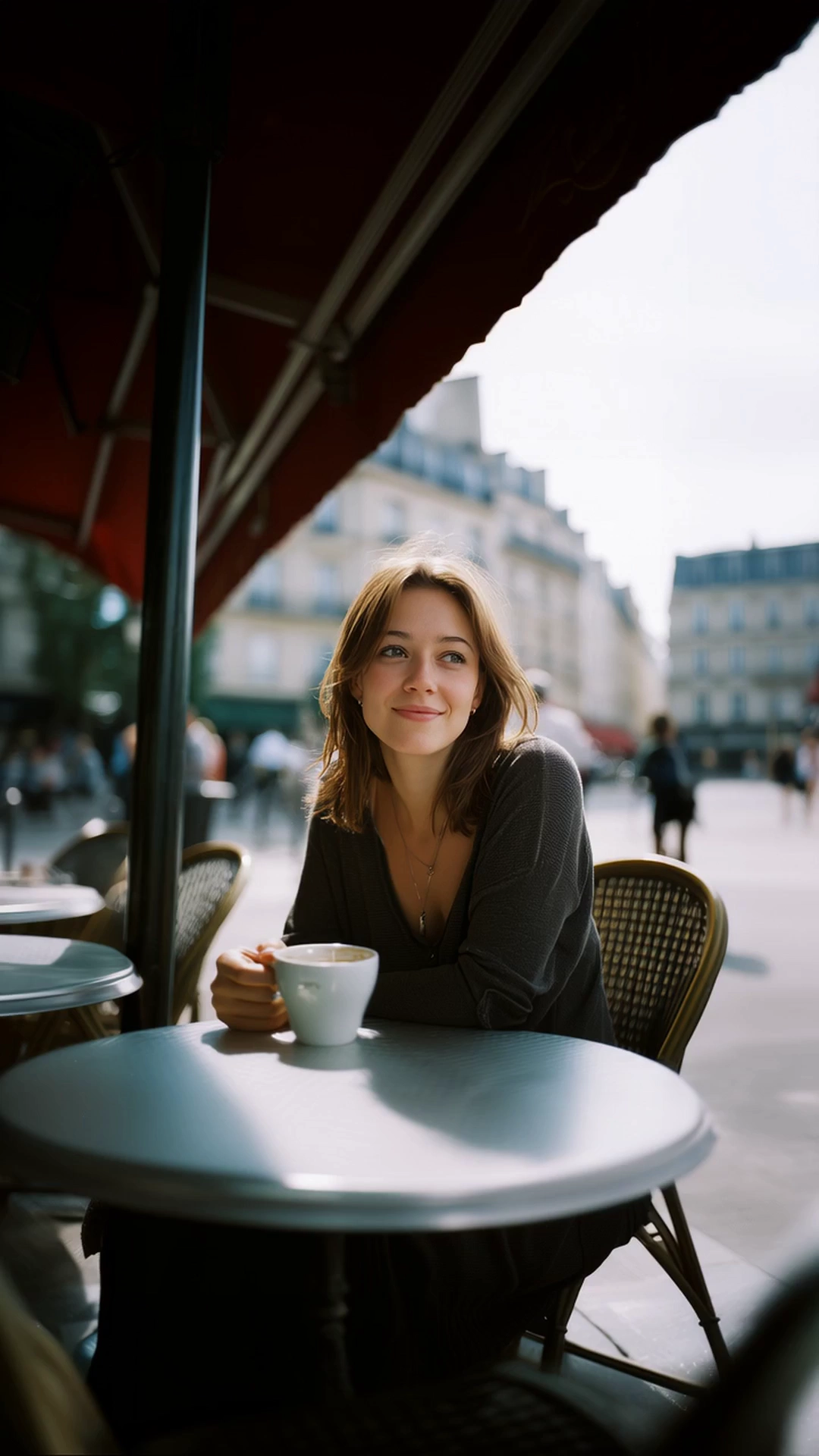 A young woman drinking her coffee while looking around slightly, no zoom
