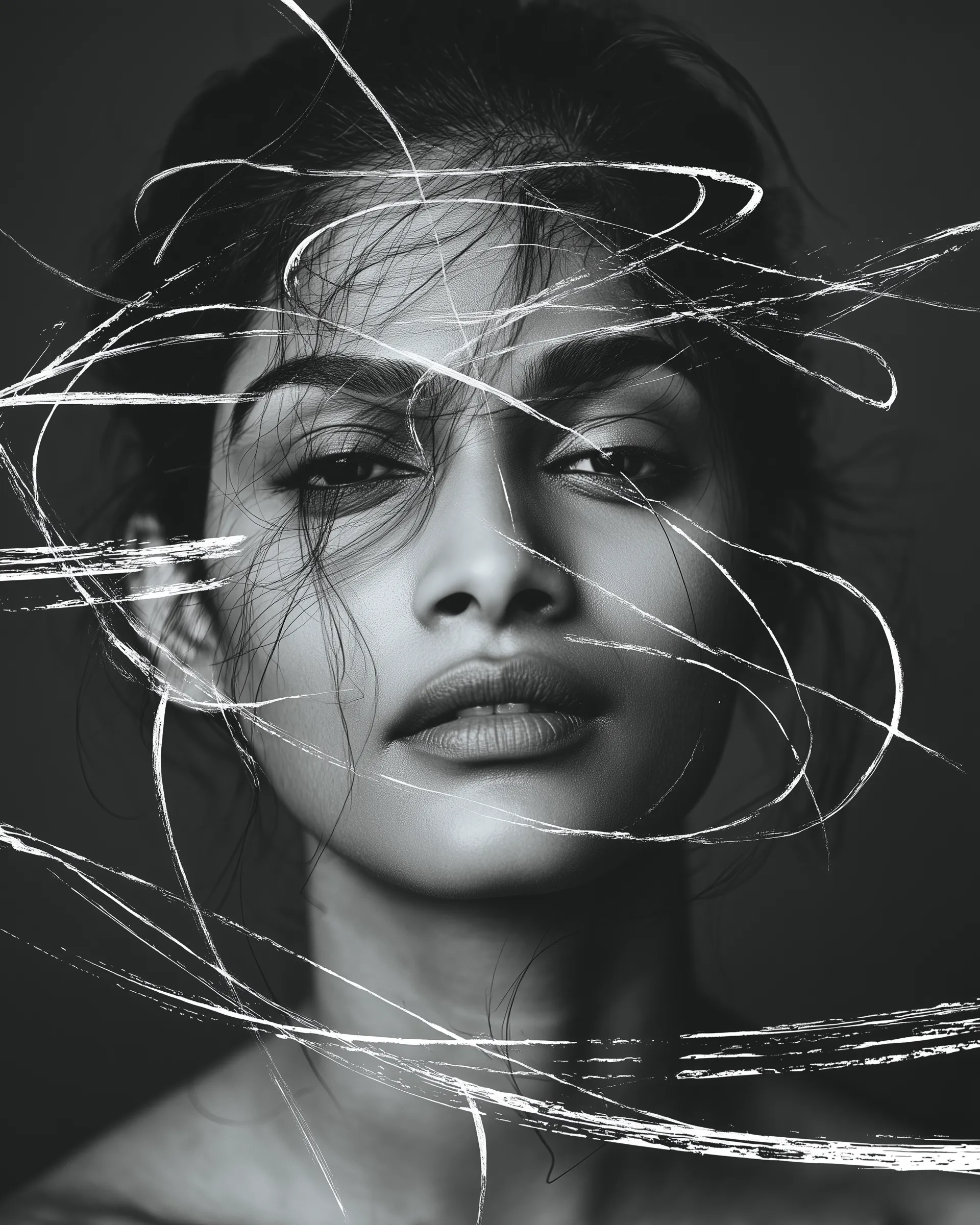 Monochromatic portrait of a woman with artistic white brushstroke overlays, creating a dynamic and abstract visual effect.
