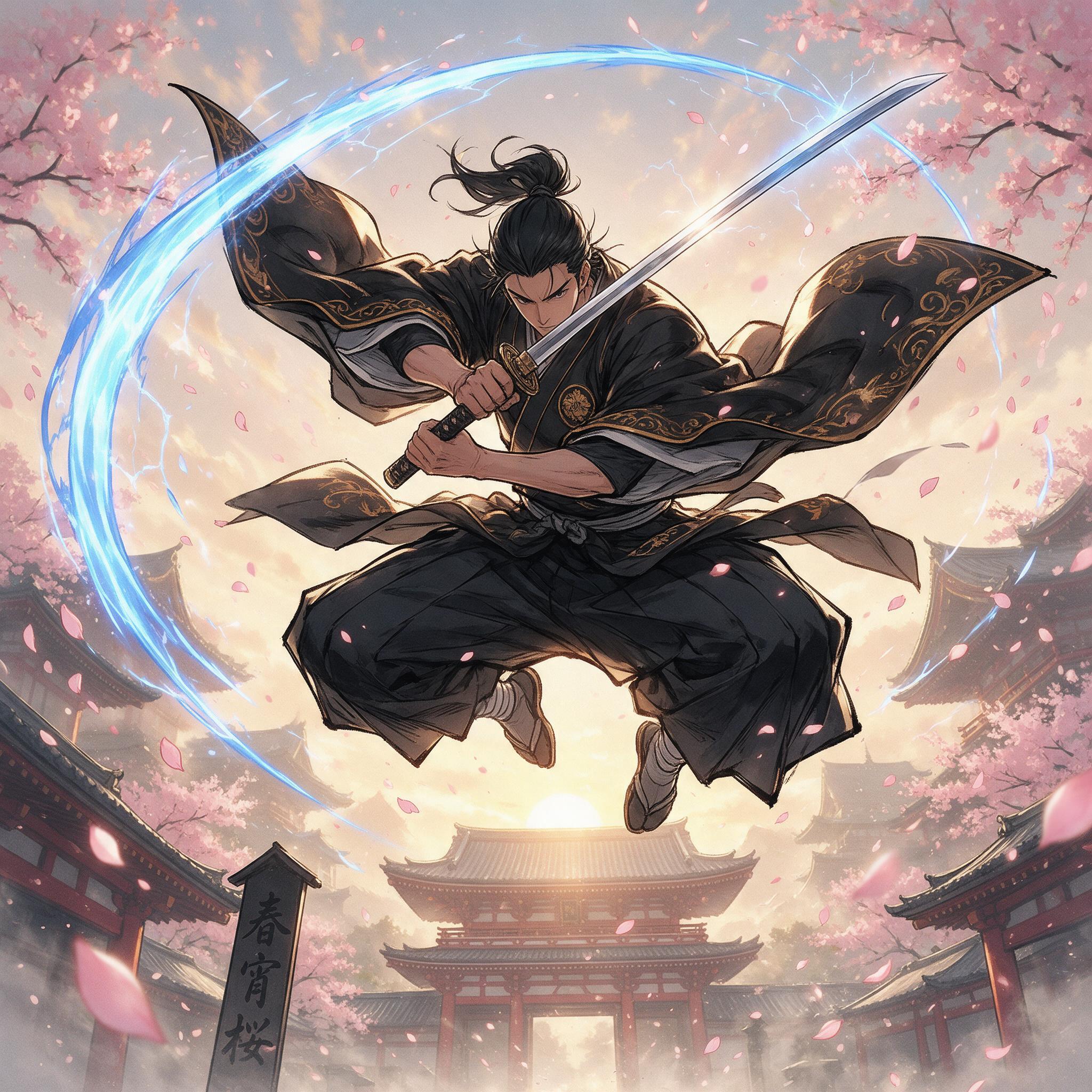 Anime swordsman leaping above a cherry-blossom temple at dawn