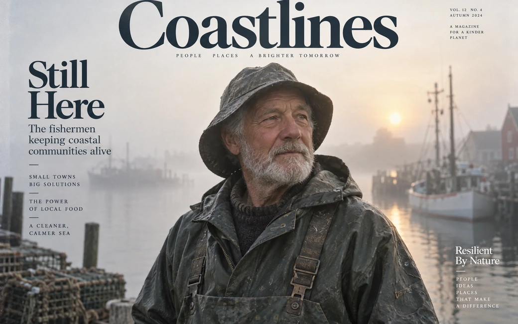 Elderly fisherman portrait at foggy harbor