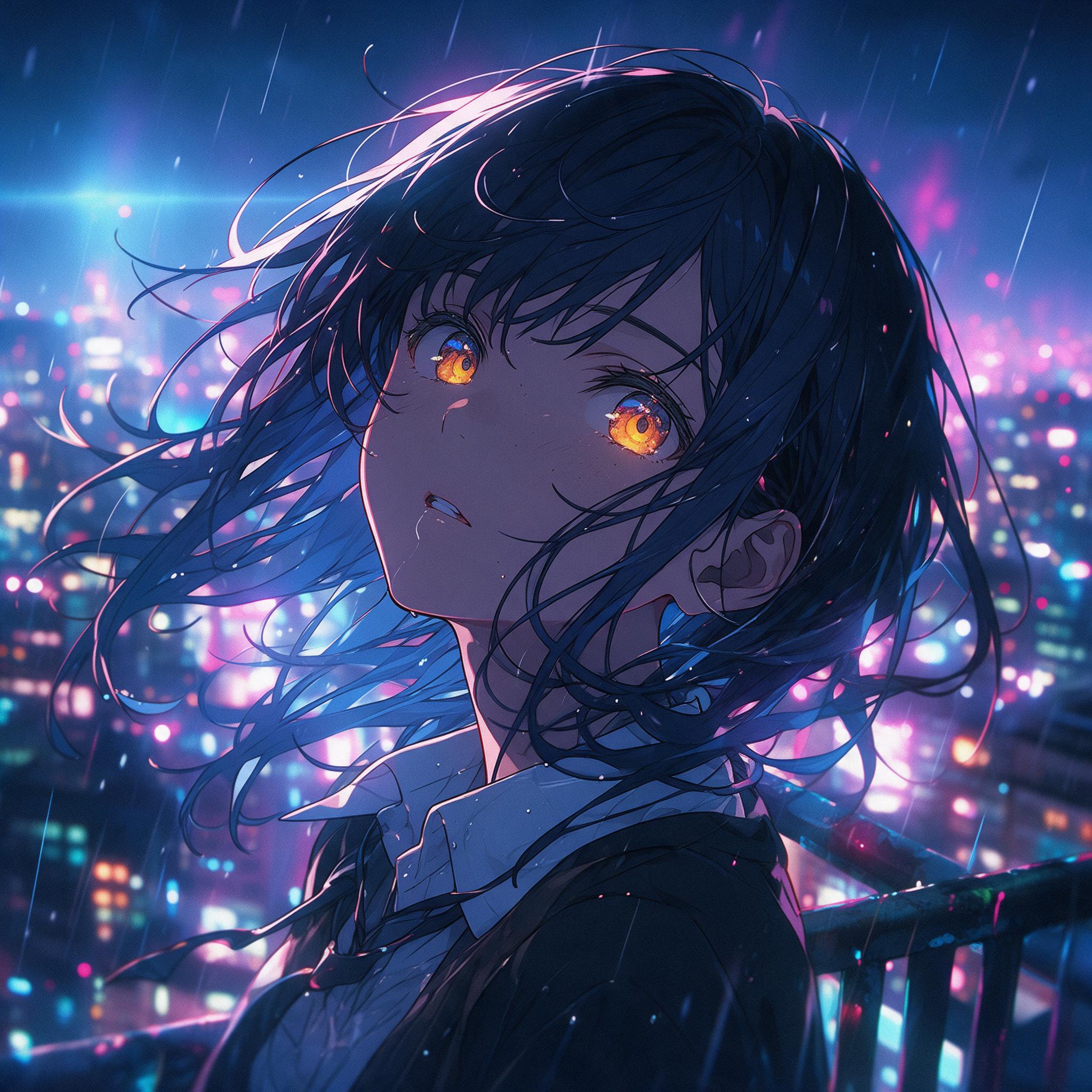 Cyberpunk anime hacker girl surrounded by holographic screens in a capsule room