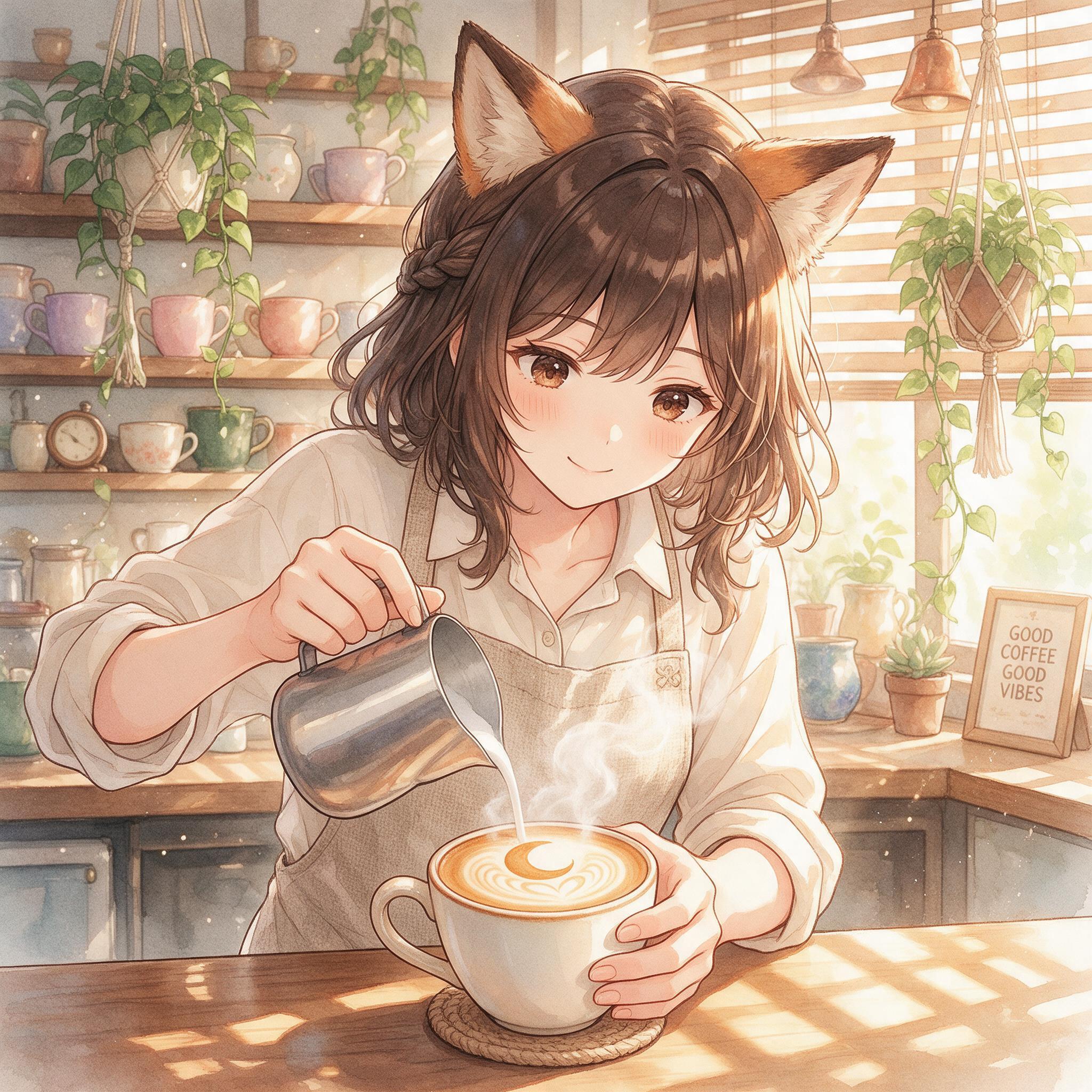Fox-eared anime barista pouring crescent-moon latte art in a cozy café
